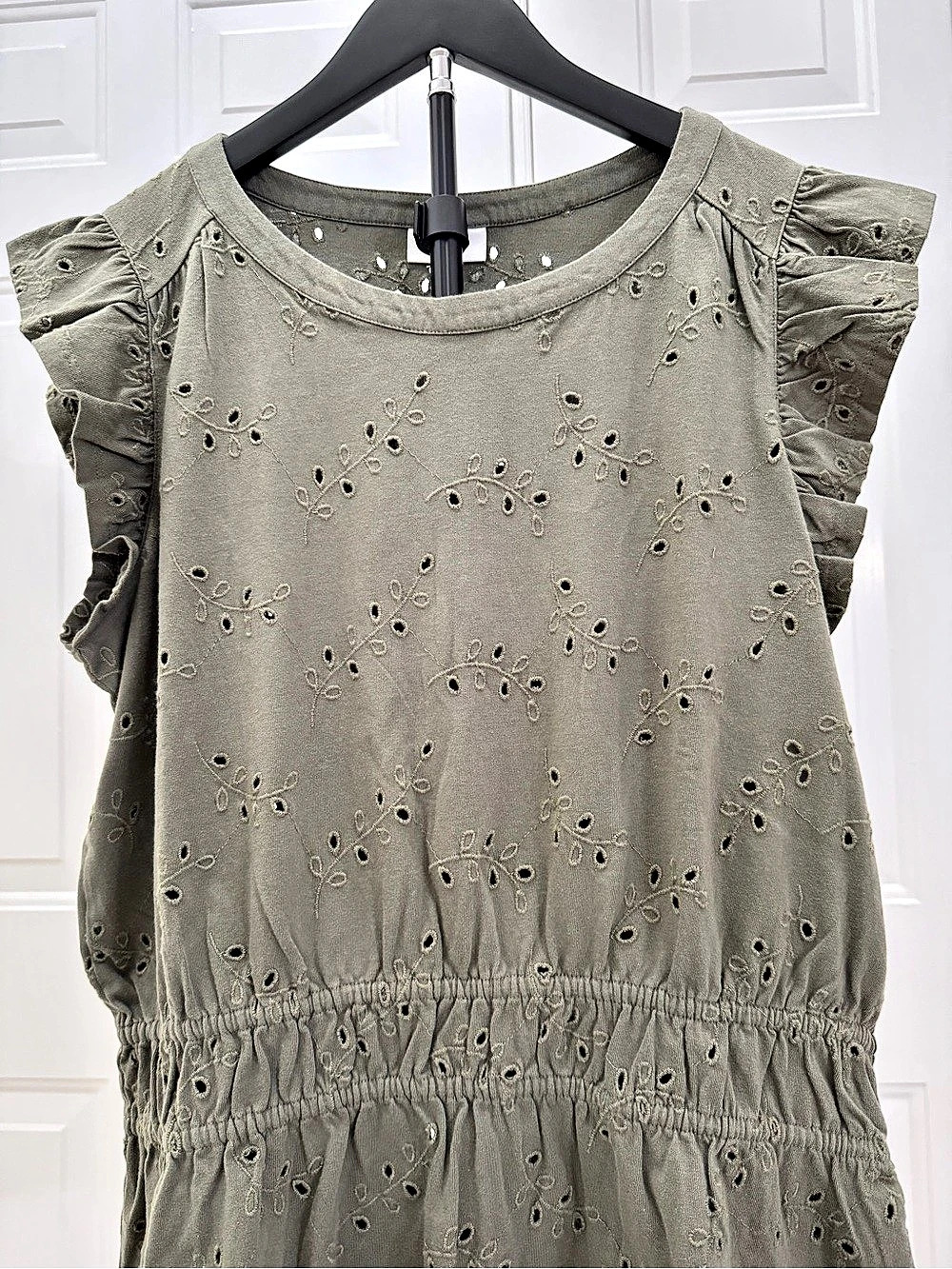 J.Jill Eyelet Ruffle-Sleeve Smocked Waist Top Green Large NWT